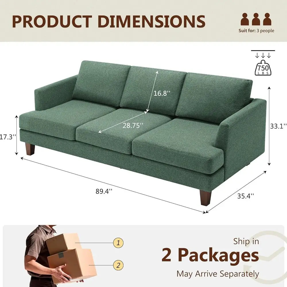 Green 3 Seater Century Sofa, 89" Upholstered Couch with Deep Seats, Armrests, Comfy Furniture or Living Room