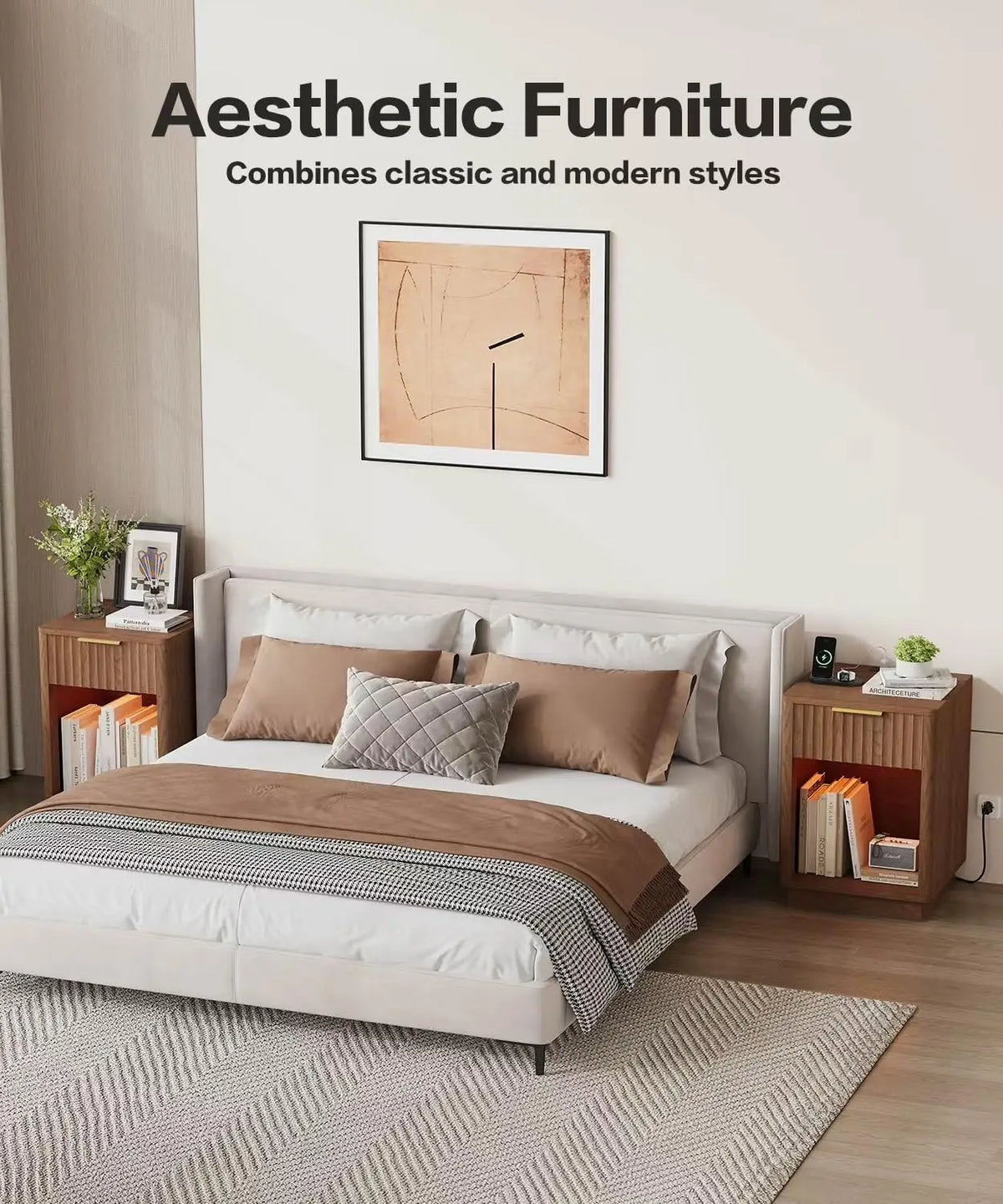 Walnut Fluted Nightstands Set of 2, Bedside Tables with Charging Station
