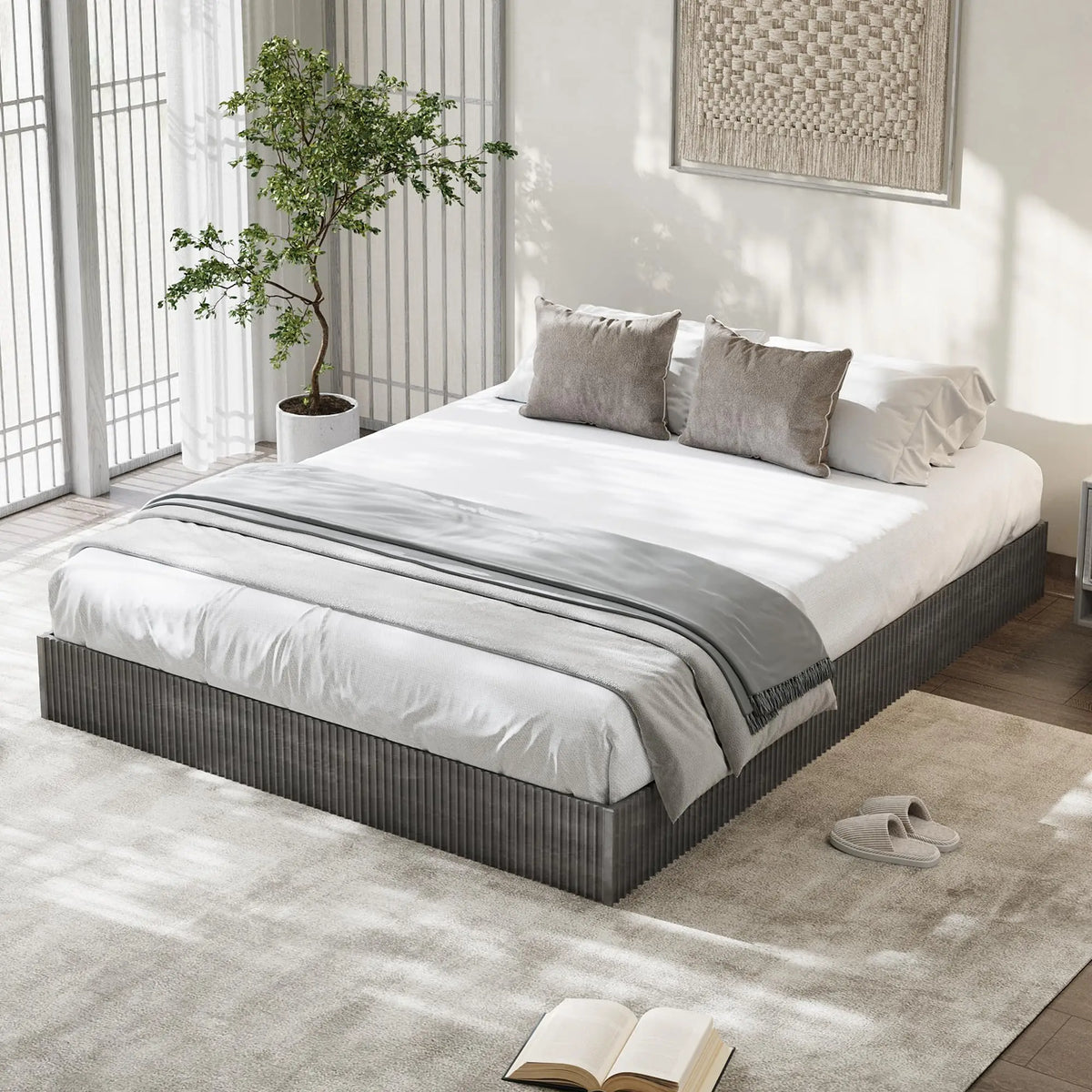 Minimalist Fluted Wood Platform Bed Frame – Low Profile, Noise-Free, Easy Assembly, No Box Spring Needed – Modern Bedroom Furniture – Walnut or Cream Finish – Full/Queen/King