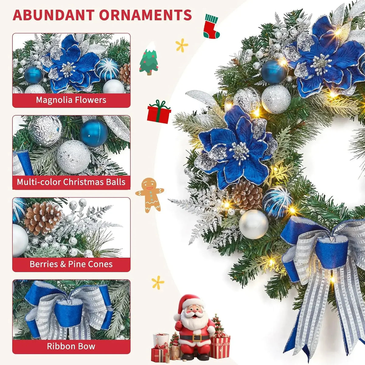 Artificial Christmas Wreath 24 Inch Garland with 20 Lighting Modes Themed Holiday Decorations Featuring Shiny Ornaments and Ribbon Indoor Outdoor Door Decor
