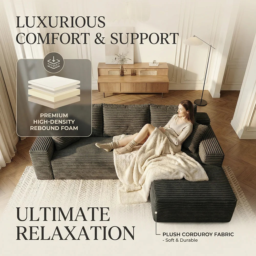 Dark Gray Corduroy L Shaped Compression Sectional Sofa with Chaise Ottoman Vacuum Packed No Assembly Fluffy Striped Fabric Couch for Living Room Apartment
