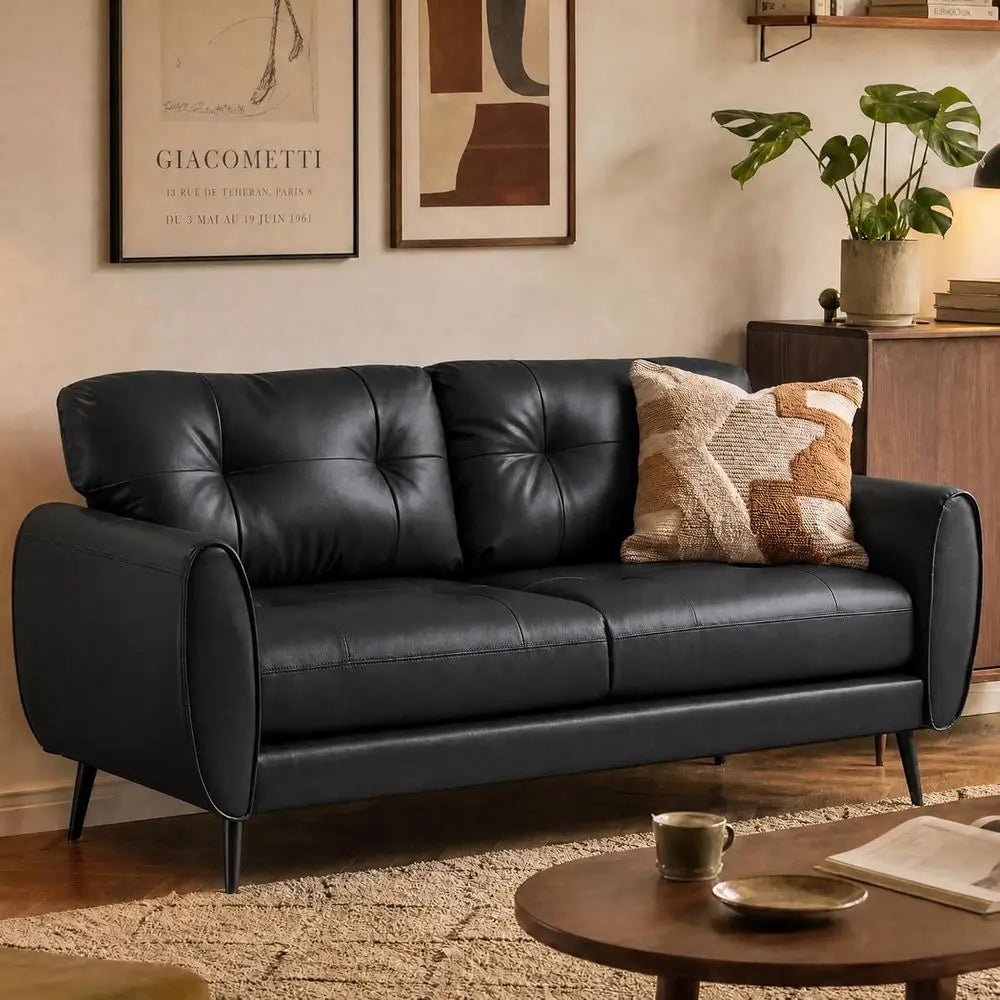 Sofa Couch 61" Small Loveseat Couches or Living Room, Black aux Leather Couch Century ern Tufted Mini Sofa