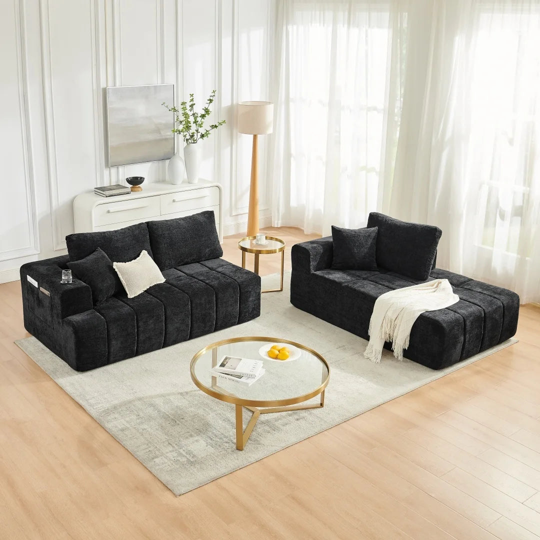 108" L-Shaped Chenille Sectional Sofa, Cloud Couch Sleeper Bed with Cup Holders & Side Pockets, Boneless Living Room Furniture, No Assembly, Black