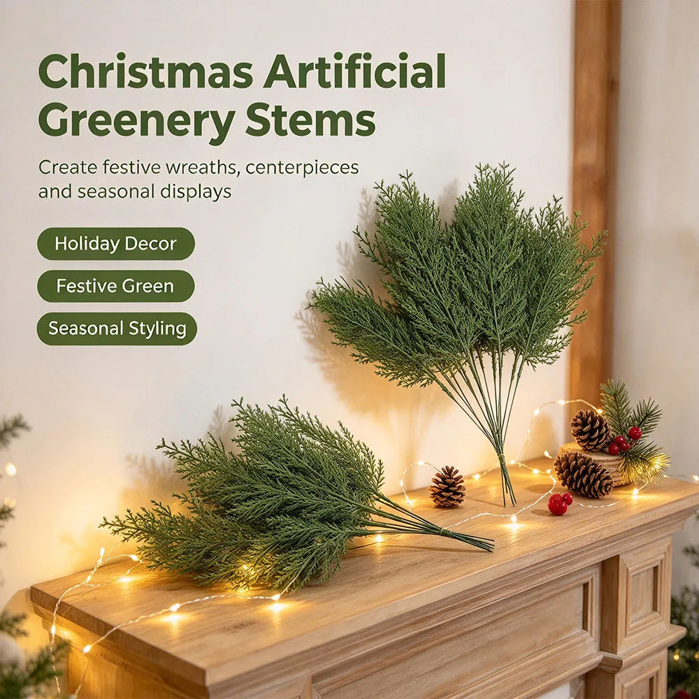 60Pcs Artificial Pine Needles Branches Faux Cedar Stems Fake Greenery for Christmas Tree Wreath Garland Making DIY Crafts Holiday Winter Decor Home Wedding Centerpiece Farmhouse Indoor Outdoor