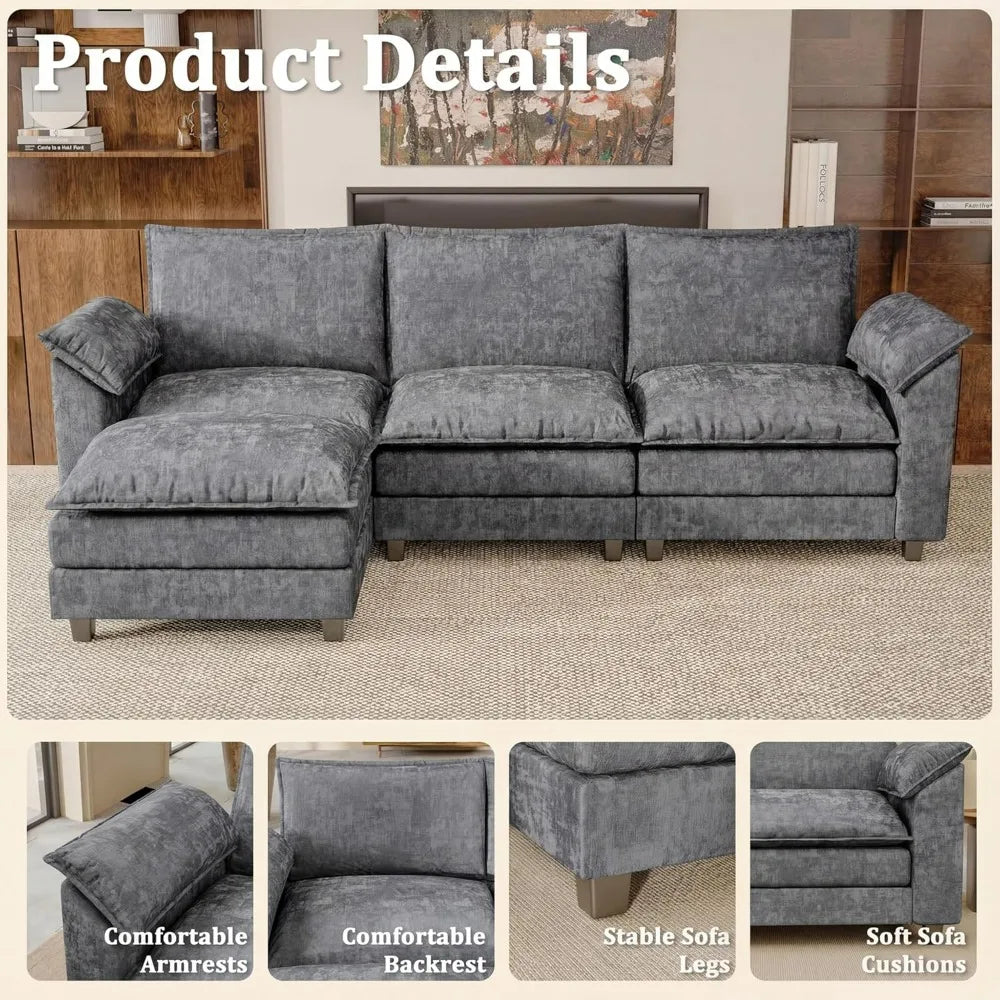 118.9" Modular Sectional Cloud Couch 3-Seat Sofa Set with Movable Ottoman, L Shaped Sofa Couch  (Light Grey-4, L Shaped Sofa)