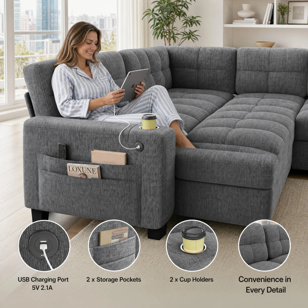 85-110 Inch U-Shaped Modular Sectional Sleeper Sofa, 7-Seat Dark Gray Chenille Cloud Couch, Pull-Out Bed with Hidden Storage, USB Ports & Cup Holders, Multi-Functional Sofa Bed for Living Room Apartment