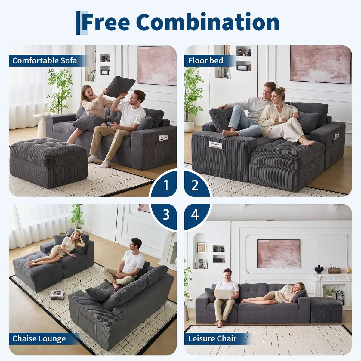 104" Modular Cloud Couch Sectional Sofa With Ottoman, Boneless L Shaped Corduroy Couch, Deep Seat, No Assembly