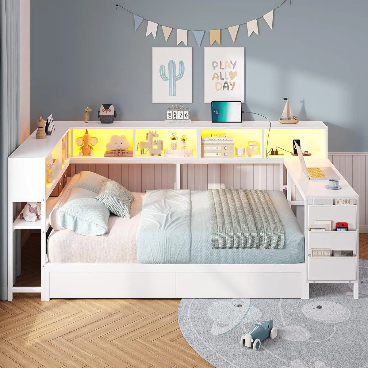 Corner Twin Bed Frame With Desk, Charging Station And Bookcase Storage Metal Platform Bed Frame With Storage Drawers And Led Light