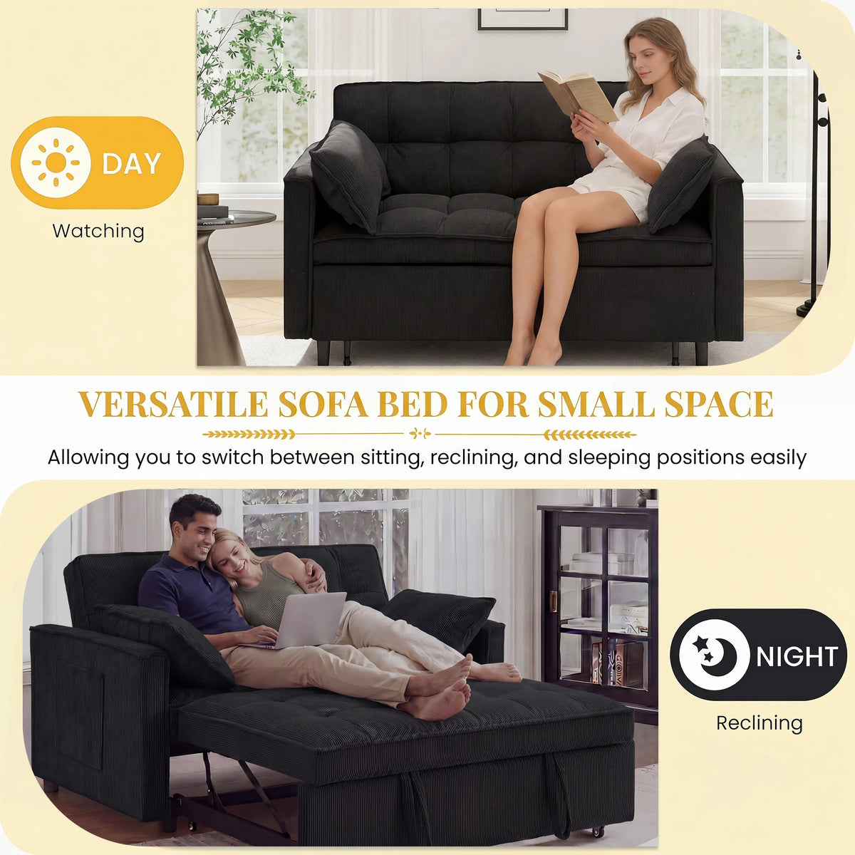 55.1" Corduroy Convertible Sleeper Sofa Bed, Pull Out 2-Seater Loveseat Couch with Side Storage Pocket & Throw Pillows, Compact Upholstered Sofa for Small Apartment Living Room Bedroom