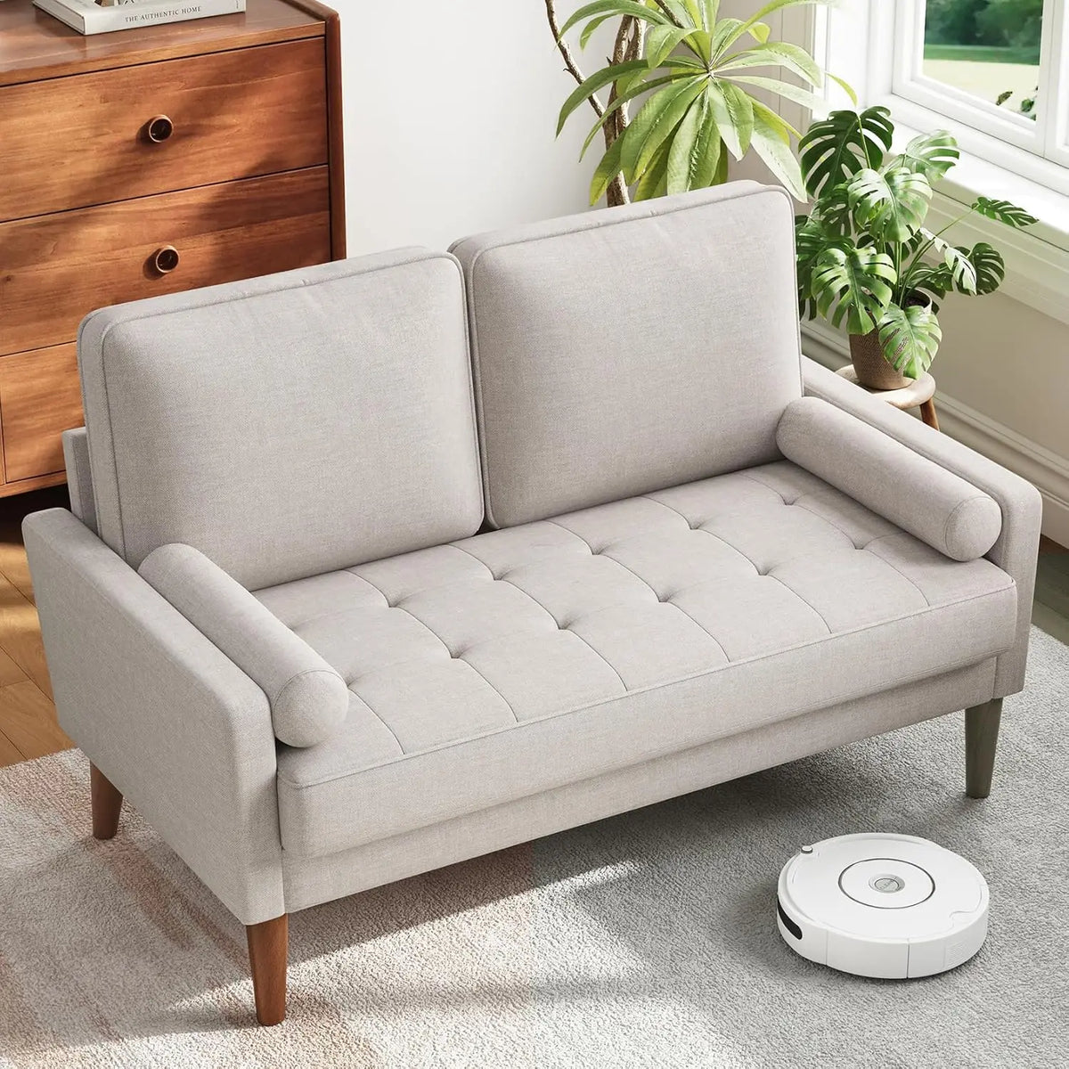 48 Inch Loveseat Sofa - Solid Wood Legs Mid Century Modern Easy Assembly Couch Throw Pillow for Apartment