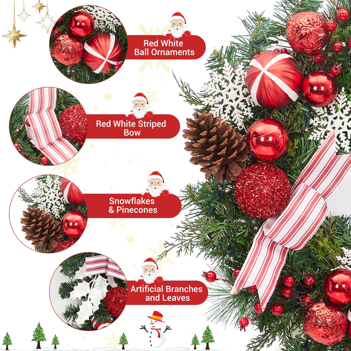 6ft Pre-Lit Christmas Garland with LED Lights, Pine Cones, Berries & Ribbons – Battery Powered Artificial Holiday Decor for Door, Mantle, Stairs – Red and White