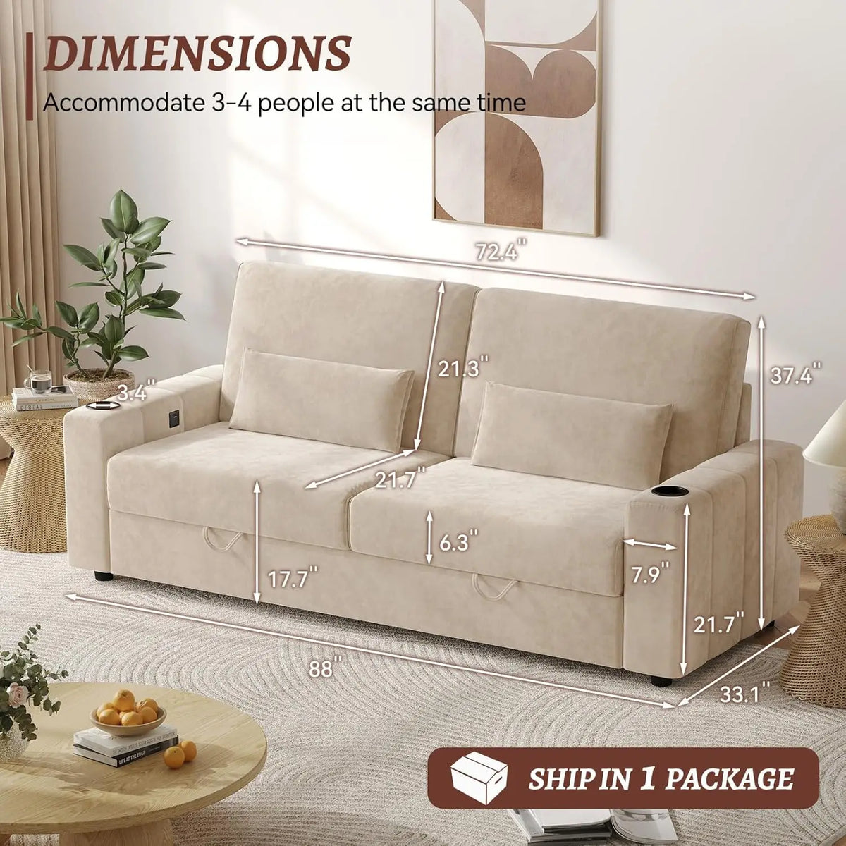 75/88 Inch Loveseat Sofa, Velvet Fabric Couch with Storage, Cup Holder, Charging Ports, Heightened Backrests, Removable Cover