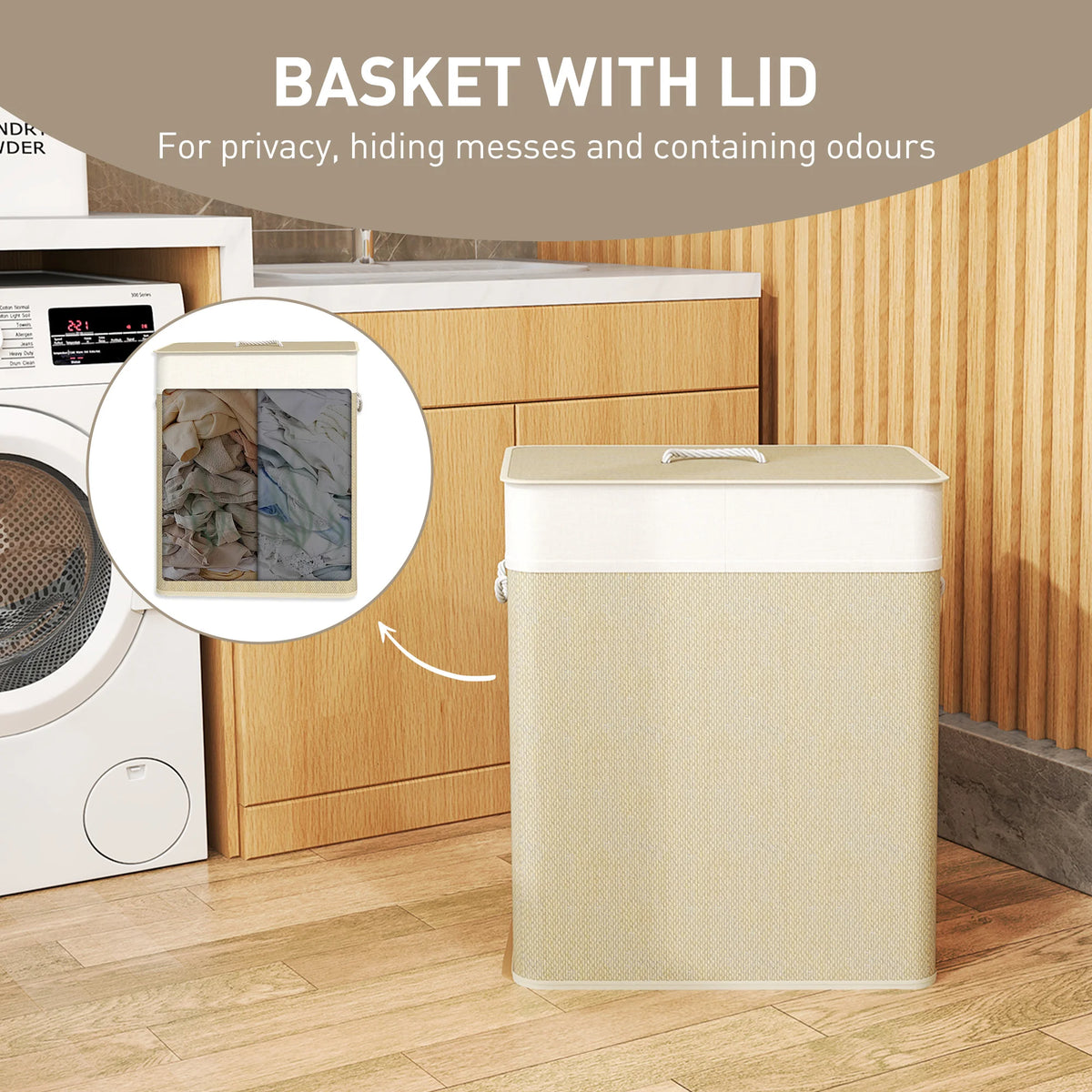 Double Laundry Basket with Lid, 26.4 Gallon Bamboo Laundry Hamper with Rope Handles, Clothes Hamper with Removable Liner for Bathroom, Bedroom, Natural