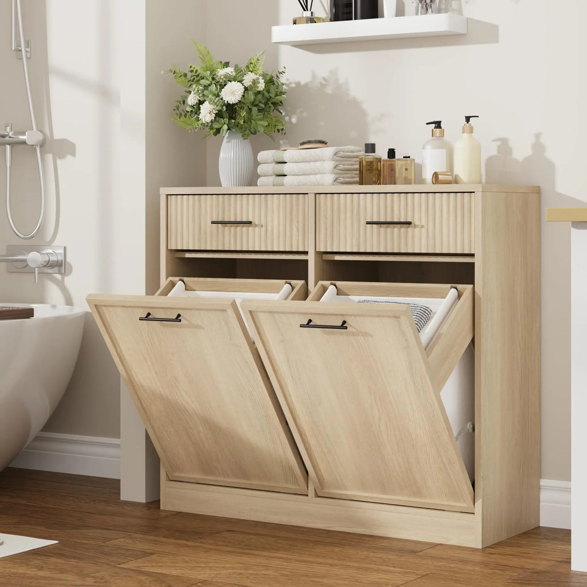 Tilt Out Laundry Hamper Cabinet With Drawer And Baskets Wooden Laundry Basket For Bathroom Laundry Room Bedroom