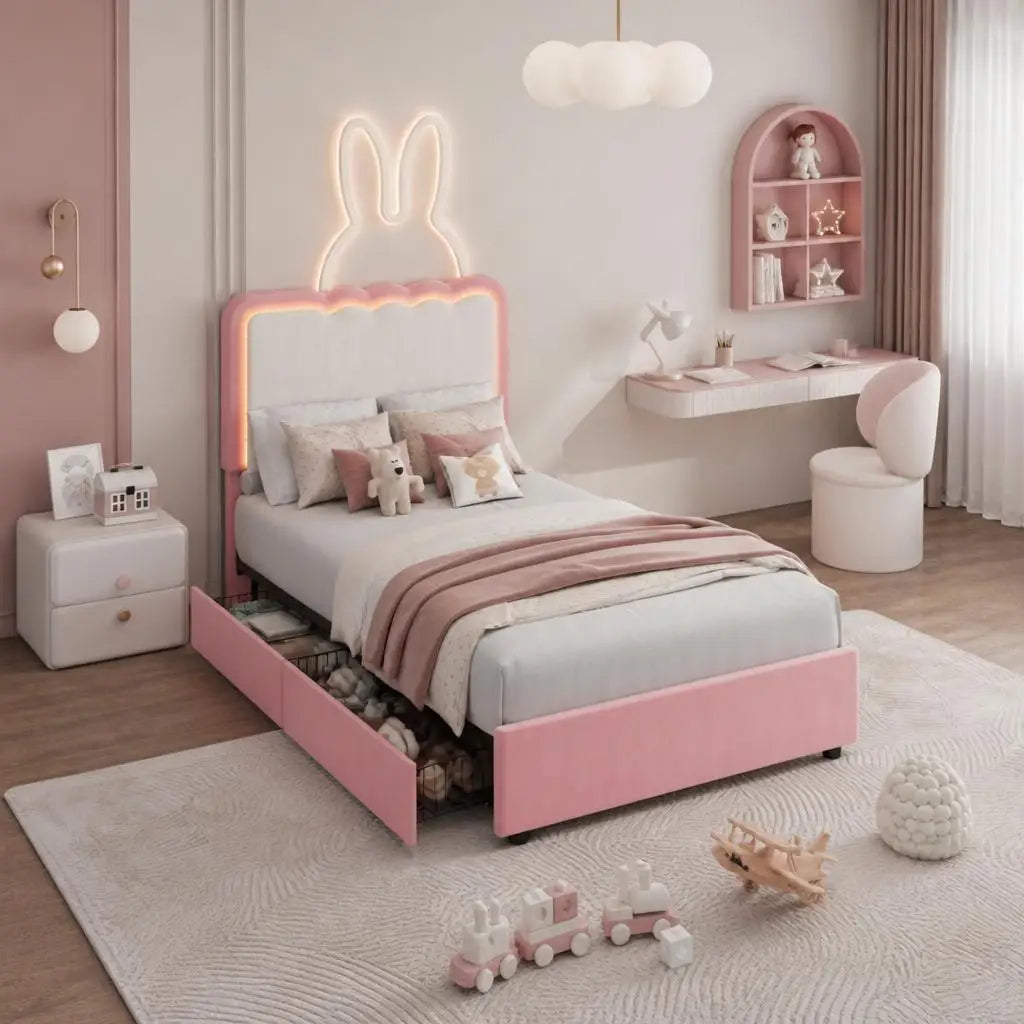 GarveeLife Modern Princess Upholstered Platform Bed Frame with LED Lights – 2 Storage Drawers, Double Wave Velvet Headboard, Sturdy Metal & Wood Support, No Box Spring Needed, Easy Assembly – Ideal for Kids, Teens, Girls
