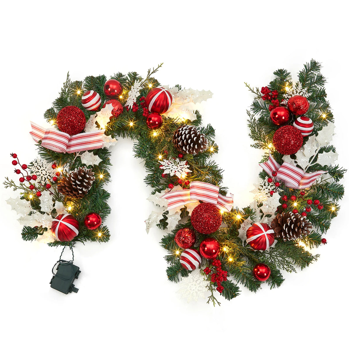 6ft Pre-Lit Christmas Garland with LED Lights, Pine Cones, Berries & Ribbons – Battery Powered Artificial Holiday Decor for Door, Mantle, Stairs – Red and White
