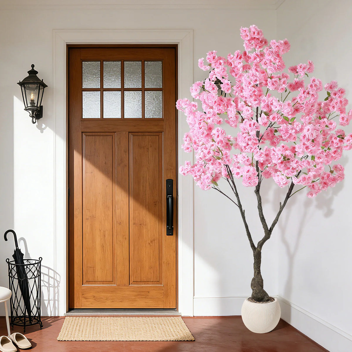 Artificial Cherry Blossom Tree with White Planter & Adjustable Branches, Realistic Faux Floral Tree for Indoor Home Living Room Decor, Pink