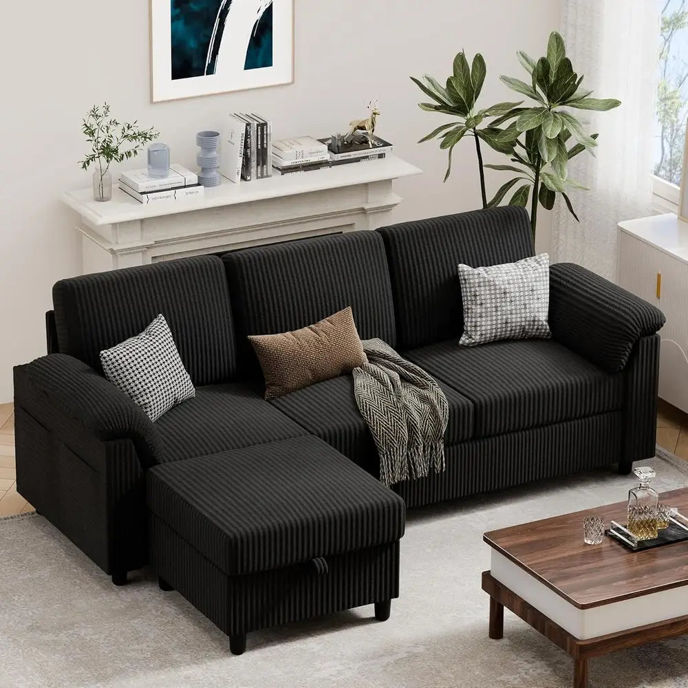 79" Convertible Sectional Couch Sofa with Storage Ottoman, 3 Seat L Shaped Couch with Side Storage