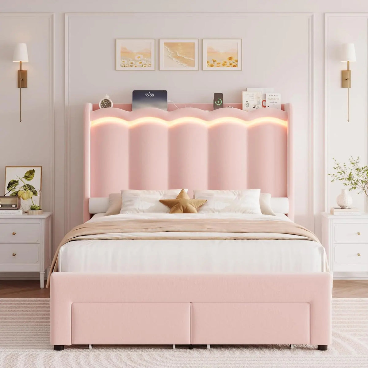 Full LED Bed Frame with USB Charging & 2 Drawers, Velvet Wingback Headboard, No Box Spring, Customized