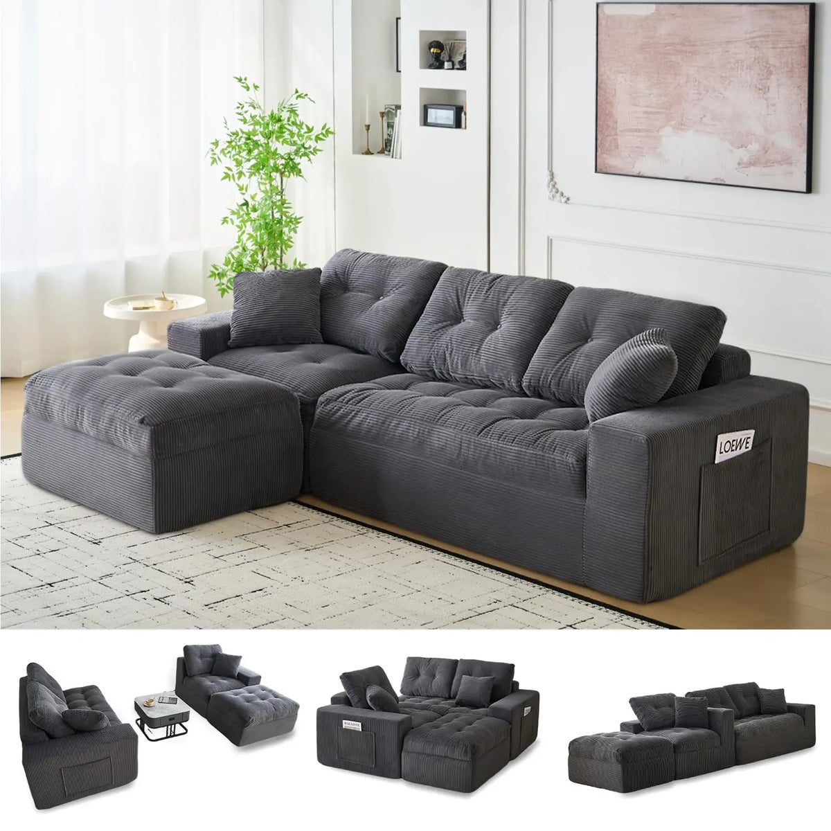 104" Modular Cloud Couch Sectional Sofa With Ottoman, Boneless L Shaped Corduroy Couch, Deep Seat, No Assembly