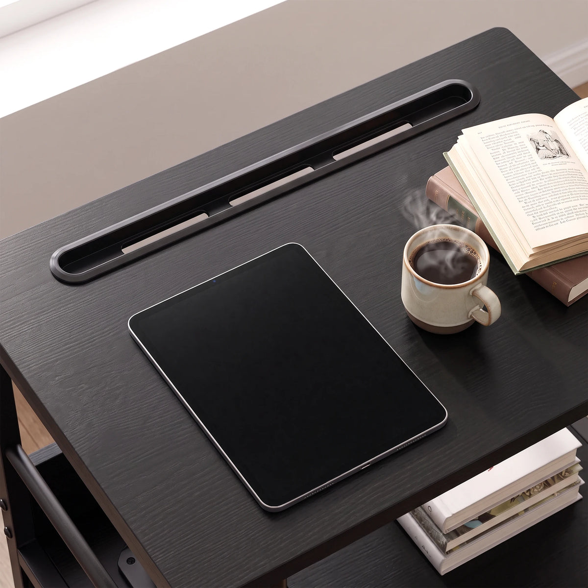 Rolling Bedside Table With 360 Degree Swivel Top And Charging Station Adjustable Height Nightstand With Storage Drawer And Wheels Brown Gray Black For Bedroom Living Room