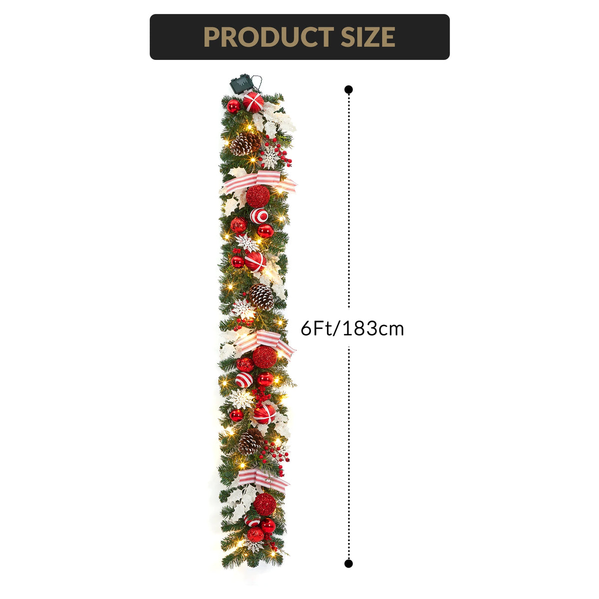 6ft Pre-Lit Christmas Garland with LED Lights, Pine Cones, Berries & Ribbons – Battery Powered Artificial Holiday Decor for Door, Mantle, Stairs – Red and White