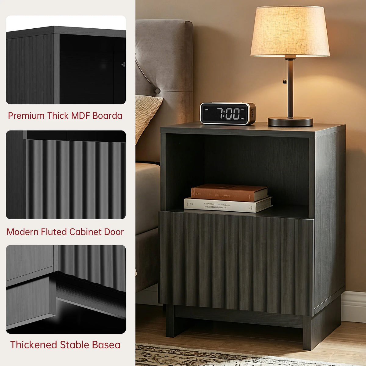 Fluted Nightstand, 17.7 inch Modern Wood Bedside Table With Storage Drawers & Open Shelf, Mid-Century Small Coffee Tea Sofa Side Table, End Table Storage Cabinet For Bedroom, Living Room