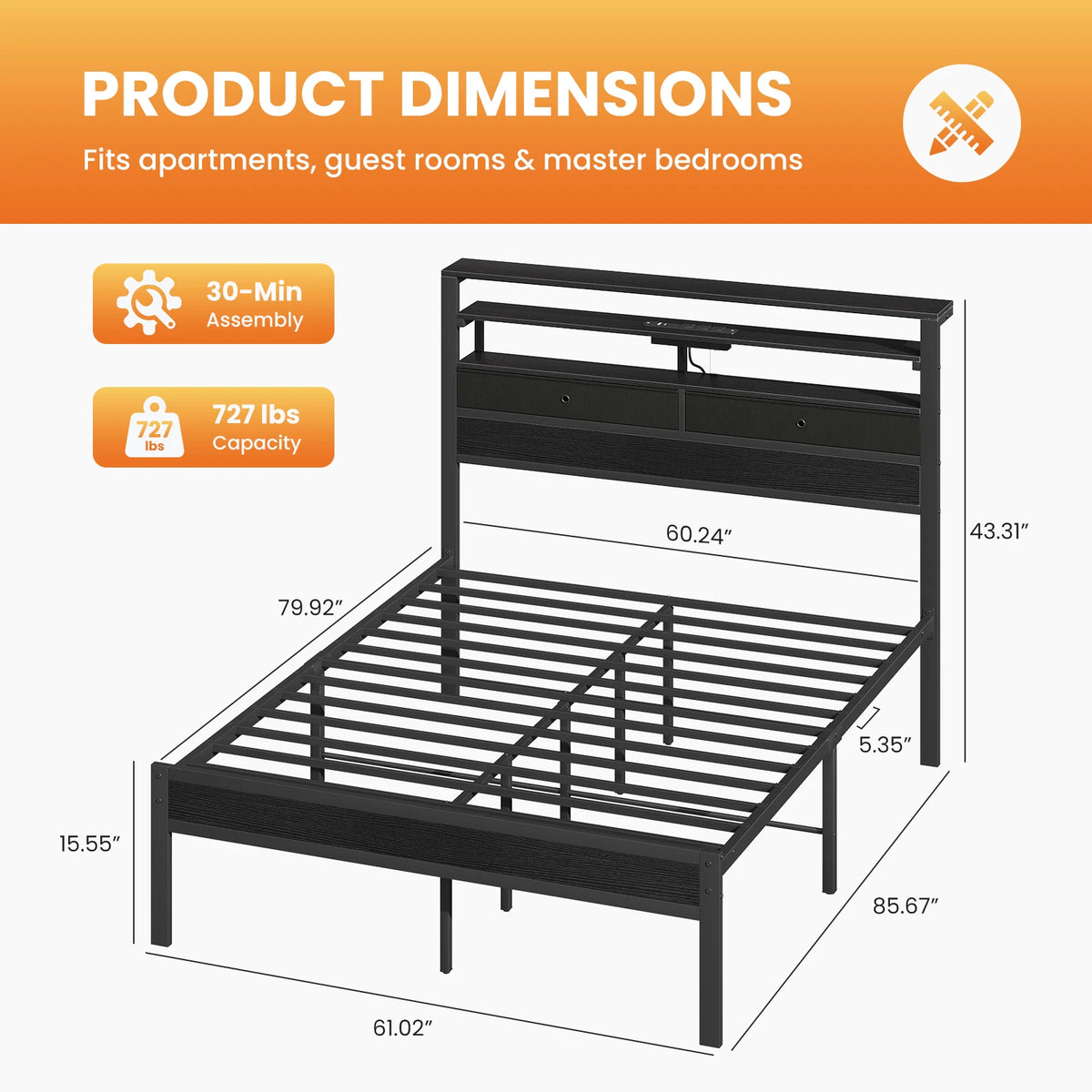 Basic Bed Frame Metal Platform with Storage LED Charging Station Headboard Sturdy Steel Slat Support All Size Bedroom Bed For Home