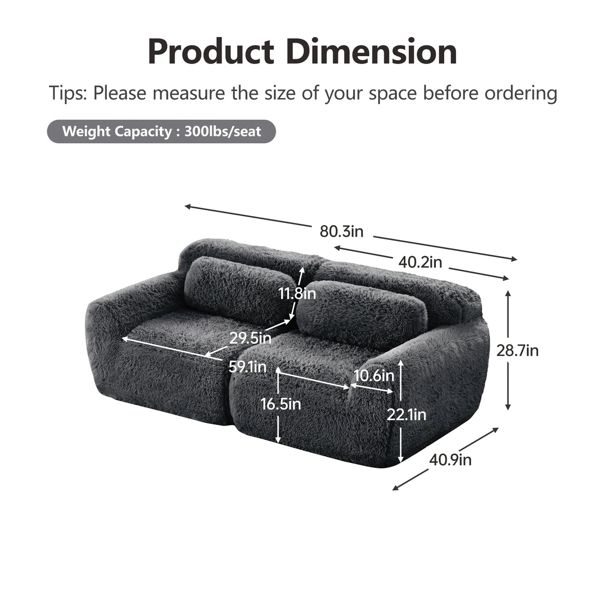 2-Seater Modular Sectional Sofa, 40" Plush Fabric Couch with Non-Slip Base, 32D High Density Sponge No Assembly Required with Throw Pillows for Living Room, Gray
