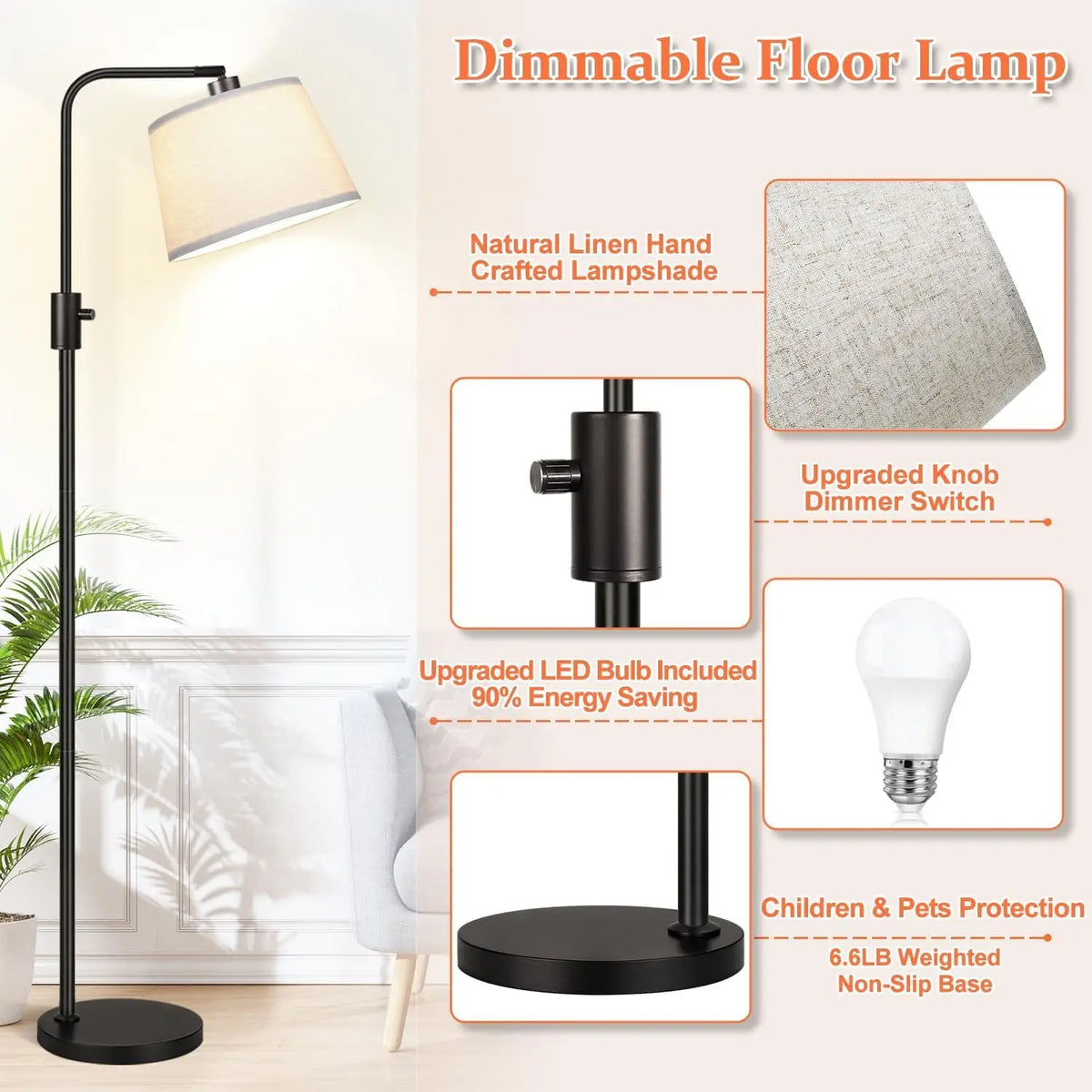 Upgraded Dimmable Floor Lamp, 1000 Lumens LED Bulb Included, Arc Floor Lamps for Living Room Modern Standing Lamp with Linen Shade