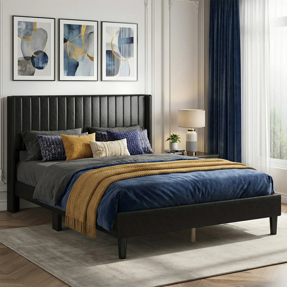 Wooden Bed Frame with PU Leather Wingback Headboard No Box Spring Needed with Sturdy Wooden Slats Support Upholstered Mattress Foundation For Home Bedroom