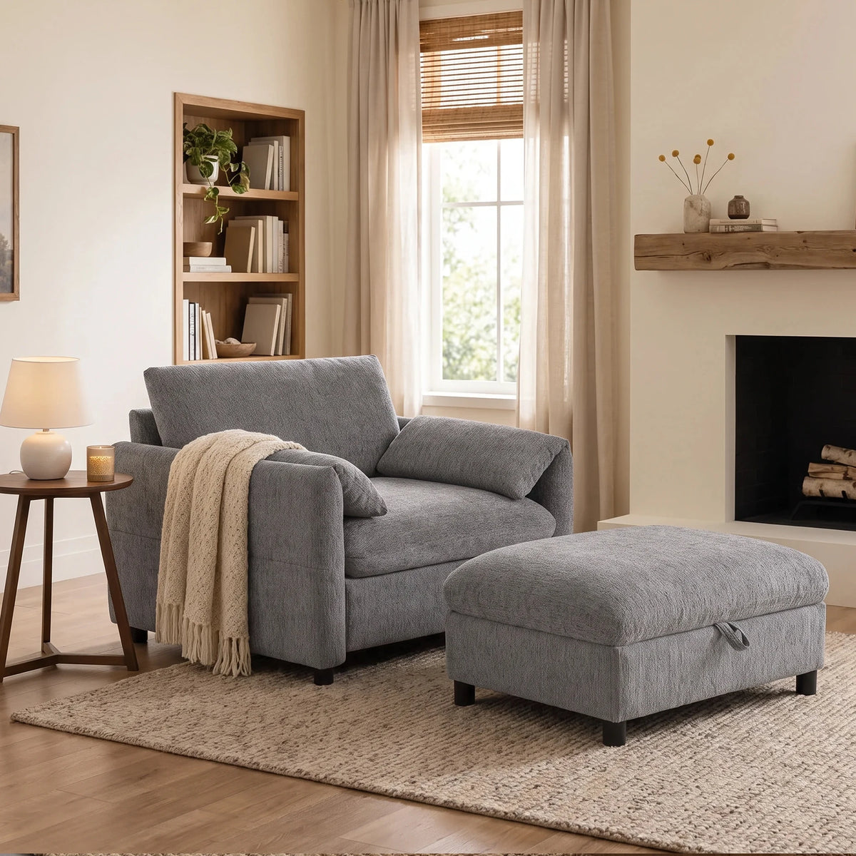 Modern Single Sofa Armchair With Storage Footstool and Adjustable Phone Holder Suitable for Living Room Bedroom Apartment Small Space and Home Office