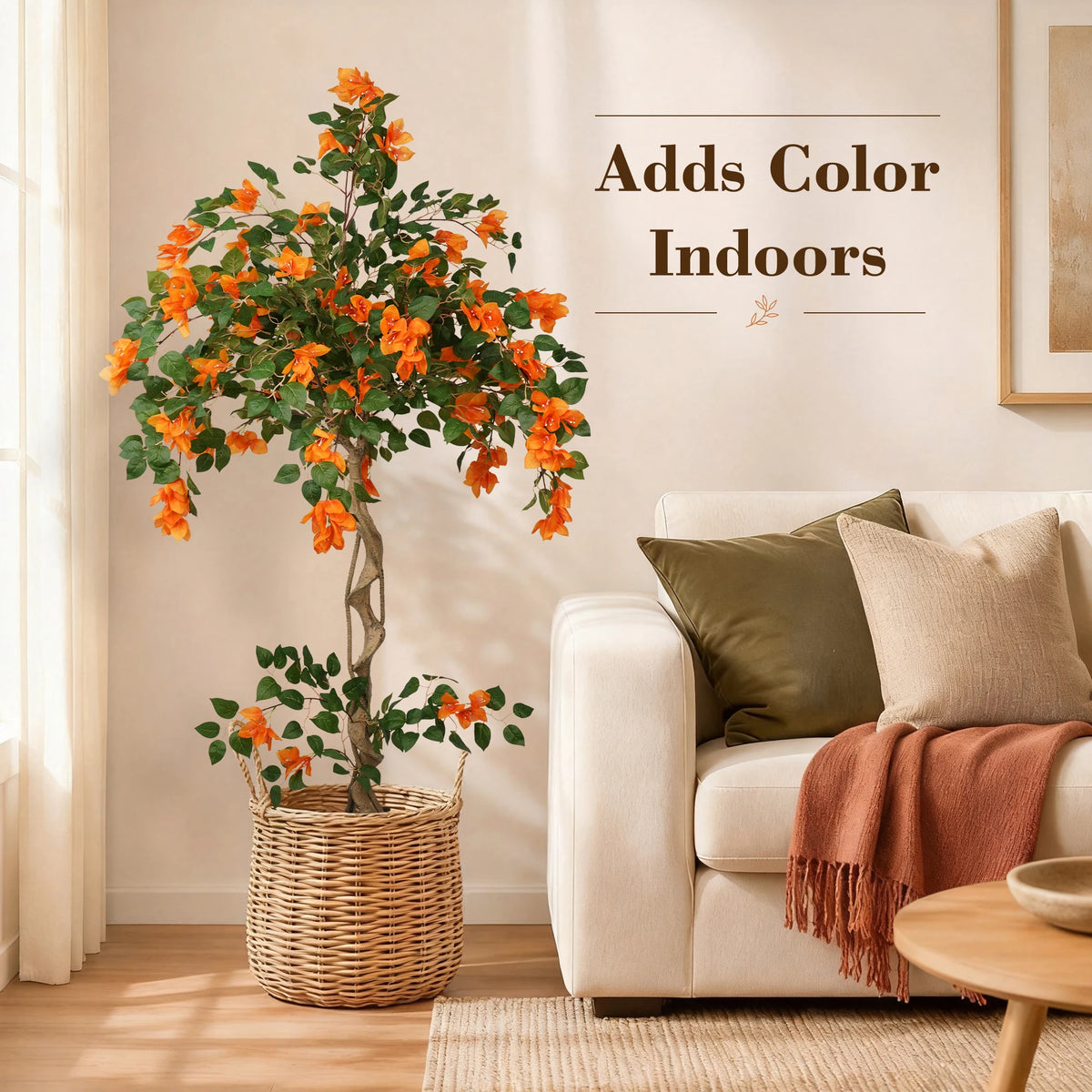 3/4/5FT Artificial Bougainvillea Tree, Orange Faux Bougainvillea Plant with Lush Green Leaves, Realistic Full Blooms Potted Fake Flower Tree for Home Living Room Patio Porch Office Decor