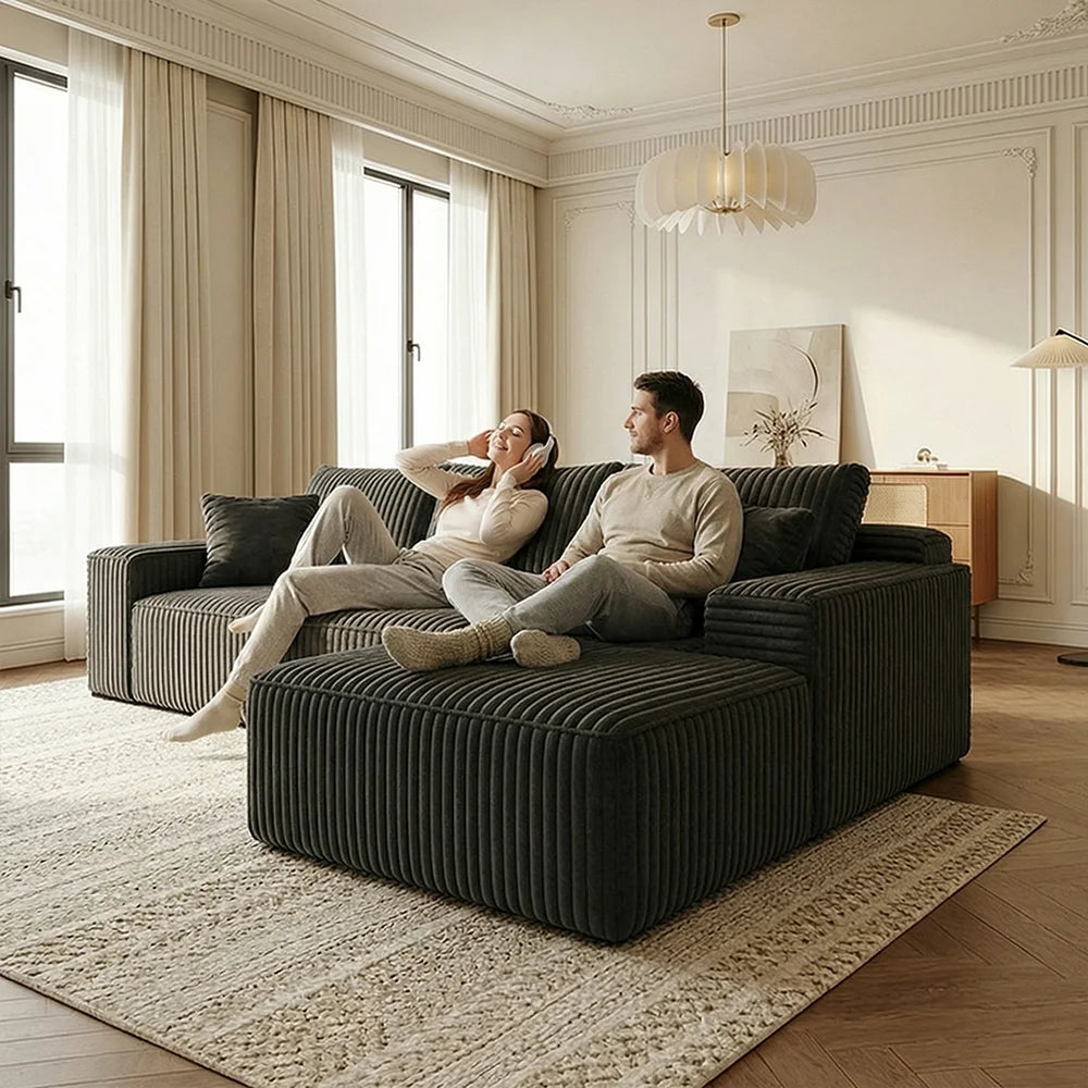 Dark Gray Corduroy L Shaped Compression Sectional Sofa with Chaise Ottoman Vacuum Packed No Assembly Fluffy Striped Fabric Couch for Living Room Apartment