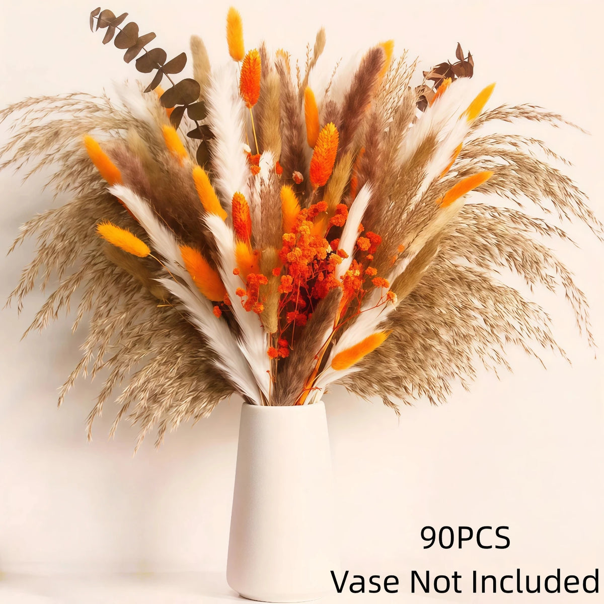 90PCS Pampas Grass Bouquet 17.5in Mixed Dried Flowers Natural Broomcorn Bunny Tails Red Eucalyptus White Pampas Orange Babys Breath Gem Grass Boho Fall Home Decor Wedding Centerpiece Table Arrangement Vase Filler Farmhouse Bo