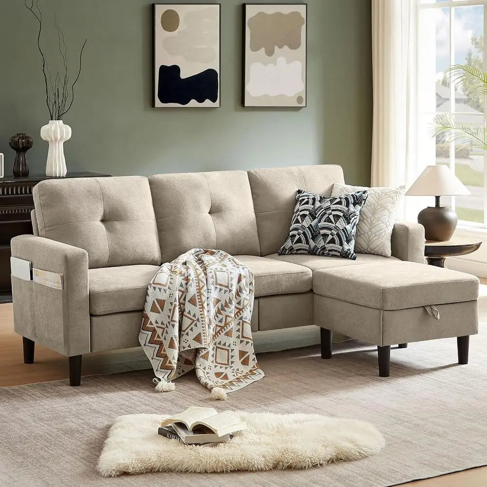 79" Convertible Sectional Sofa, Small L Shaped 3 Seat Couch with Storage Chaise and Side Pocket, Linen Fabric Reversible Sofa