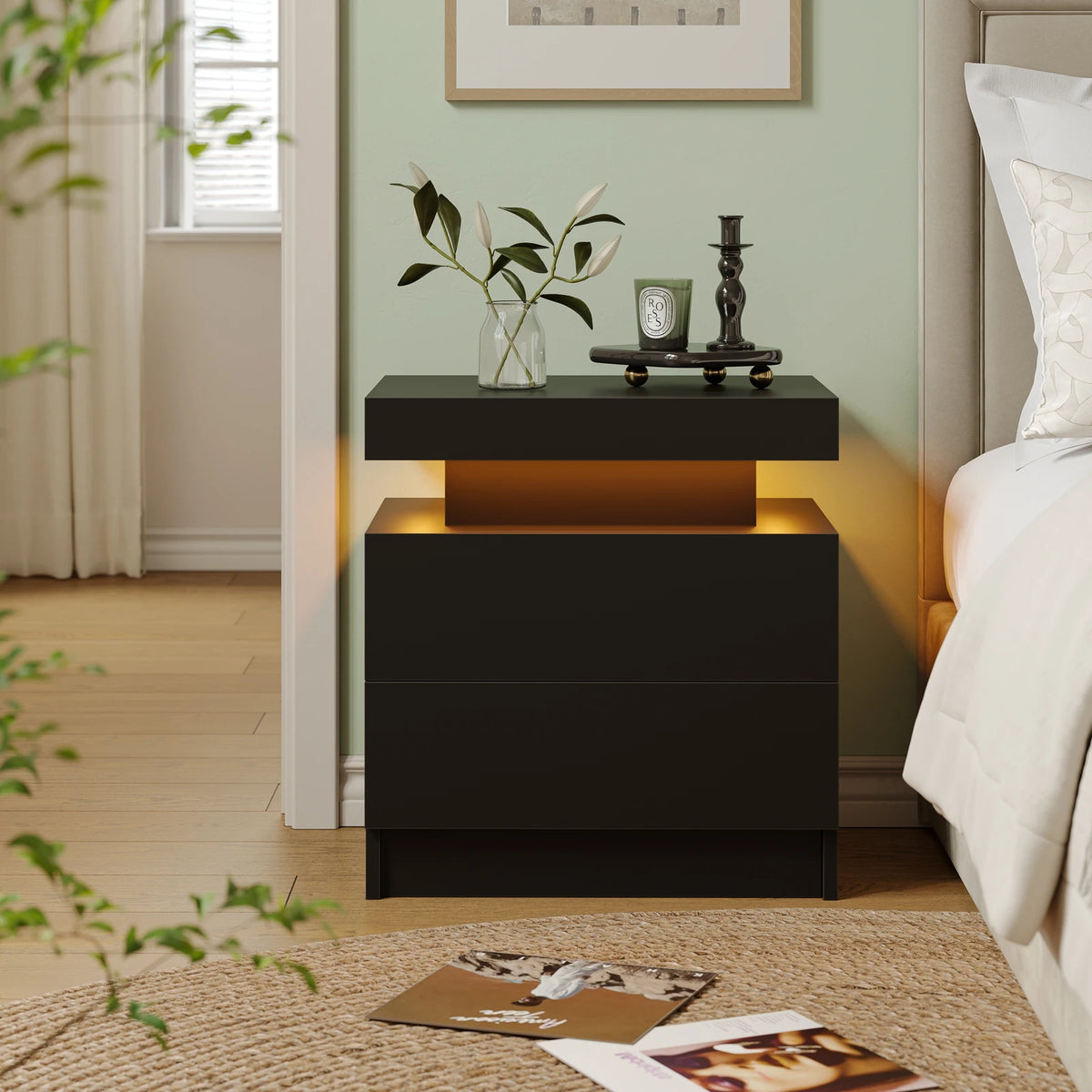 LED Nightstands with 2 Drawers, End Table with RGB LED Lights for Bedroom Living Room, White Bedside Table