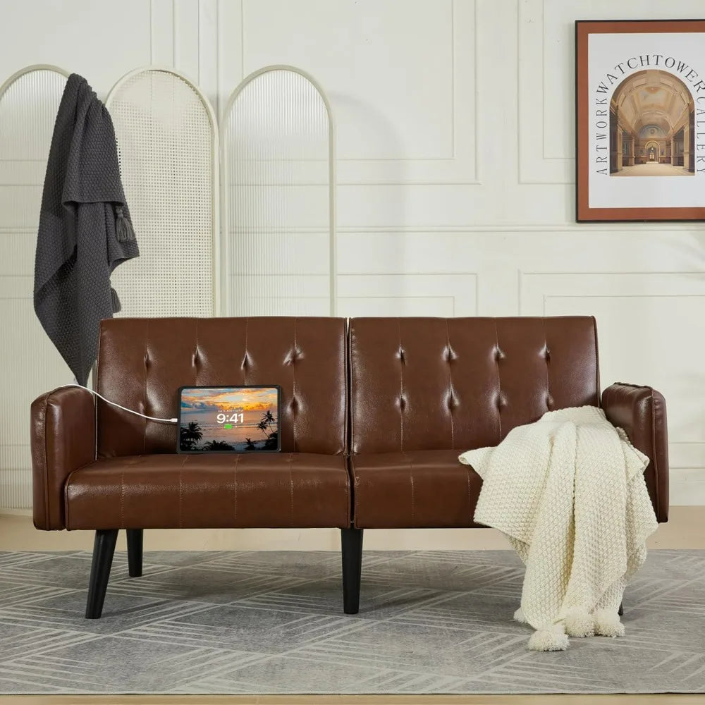 65" Brown Faux Leather Futon Sofa Bed Convertible Sleeper Loveseat 2 USB Ports Tufted Adjustable Folding Couch Space