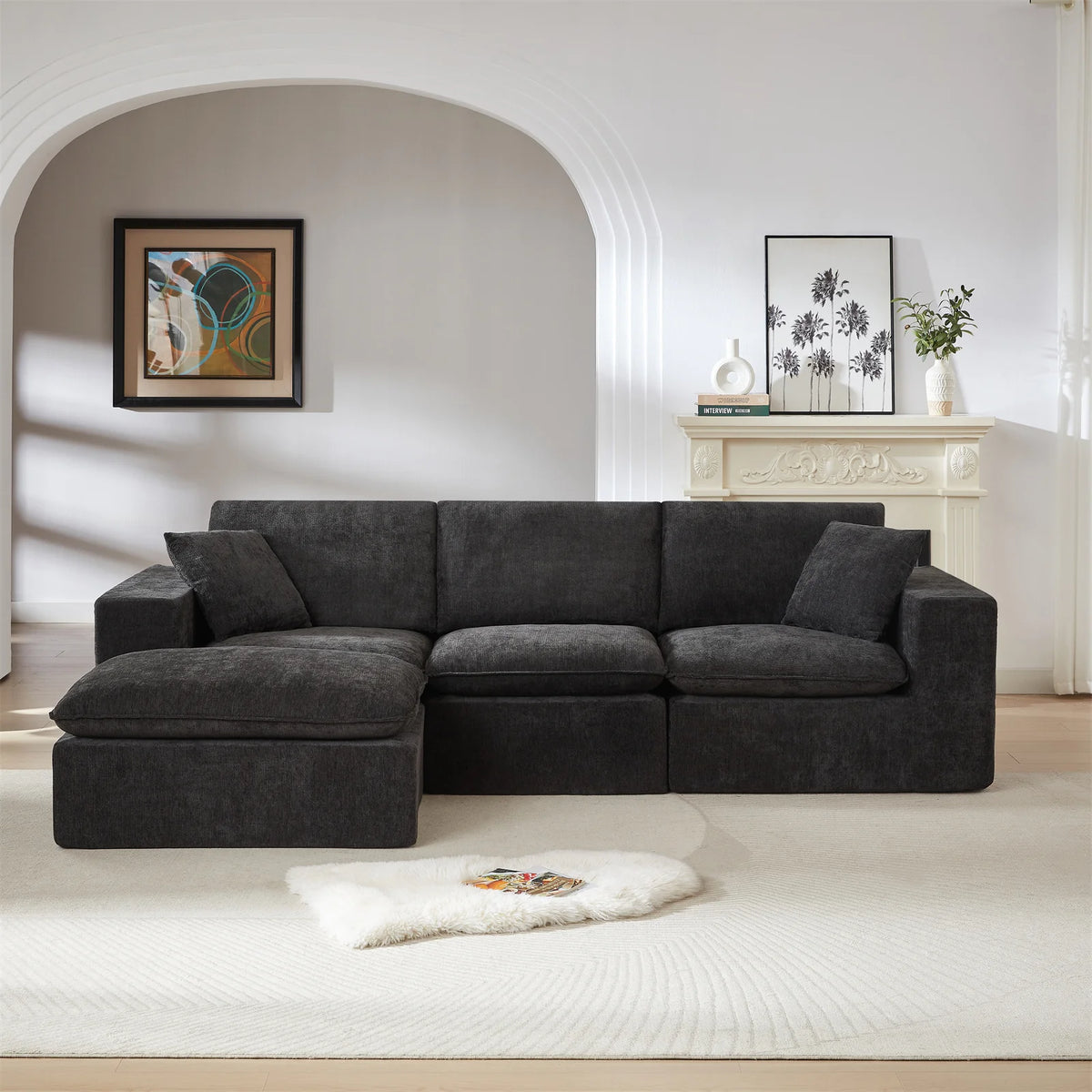108" L Shaped Sectional Sofa Modular Sofa Couch Deep Seat with Movable Ottoman 4 Seater Chenille Sofa for Living Room,Apartment