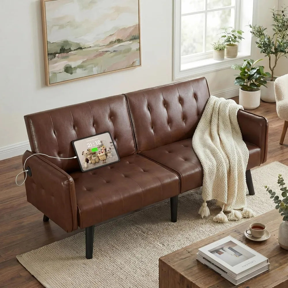 65" Brown Faux Leather Futon Sofa Bed Convertible Sleeper Loveseat 2 USB Ports Tufted Adjustable Folding Couch Space