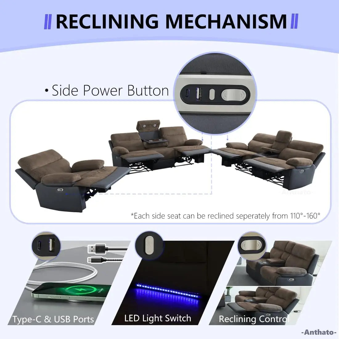 Loveseat Power Recliner Sofa Couch with LED, Corduroy & Breathing Leather Reclining Couch, Sofa for Living Room Home