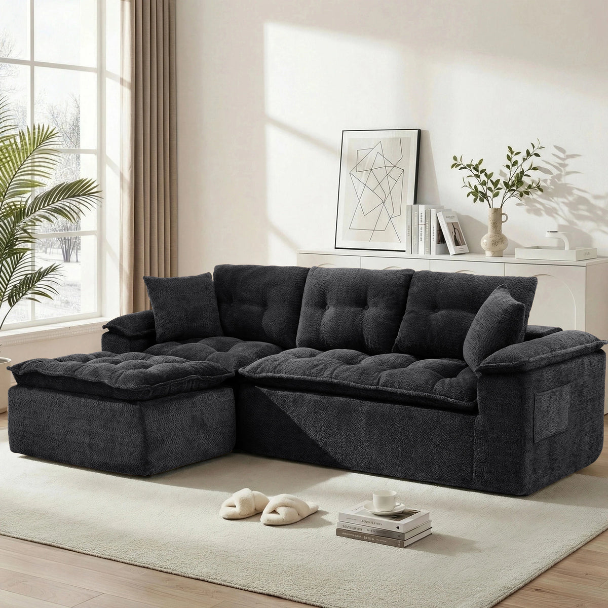 110" Modern L Shape Boneless Cloud Sectional Sofa, Chenille Deep Seat Modular Couch with Ottoman, No Assembly Needed