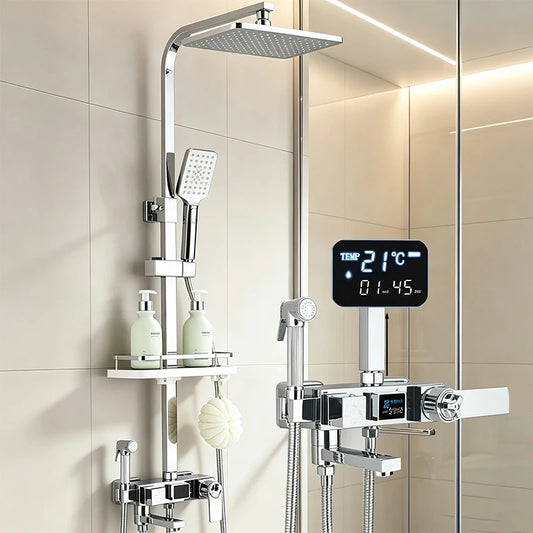 Black Smart Thermostatic Shower Faucet Set Bathroom Intelligent Rainfall Digital Mixer Tap With Rack and Bidet Bath System