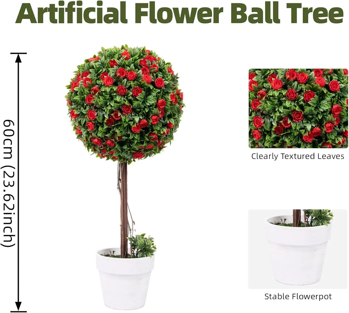 2Pcs 60cm Artificial Rose Topiary Tree, Potted White/Red Flower Ball Tree with Realistic Green Leaves, Faux Ball Shaped Plant in Stable Pot for Indoor Outdoor Garden Patio Home Decor