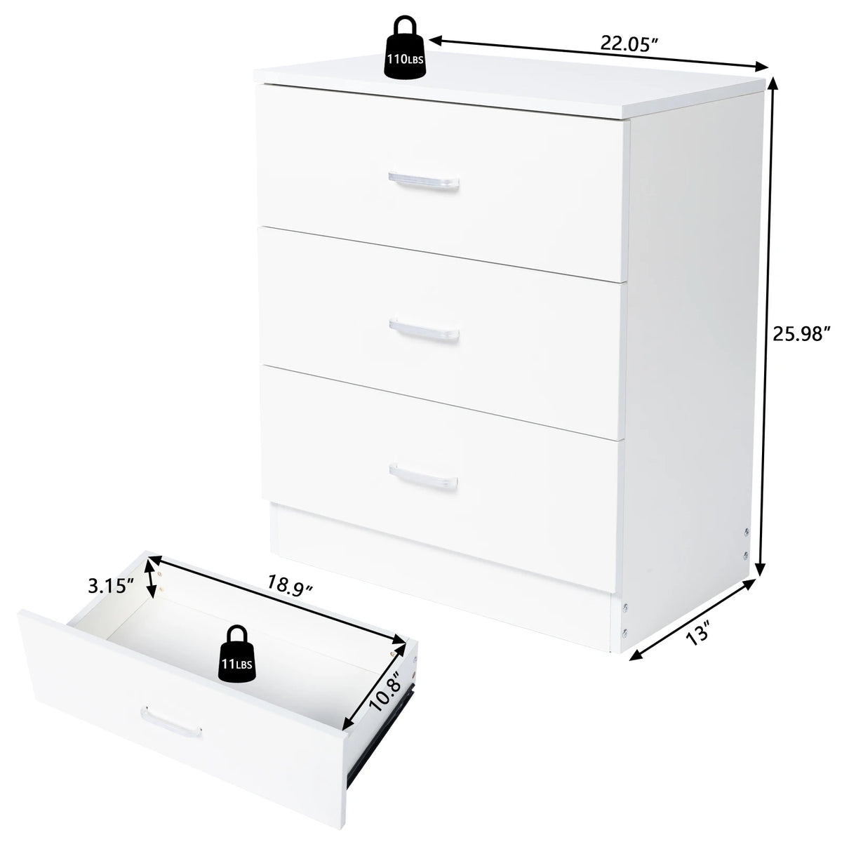 White 3‑Drawer Chest of Drawers, Tall Bedroom Dresser Cabinet with Silver Long Pull Handles, Freestanding Storage Drawer Unit for Bedroom Apartment Home Furniture