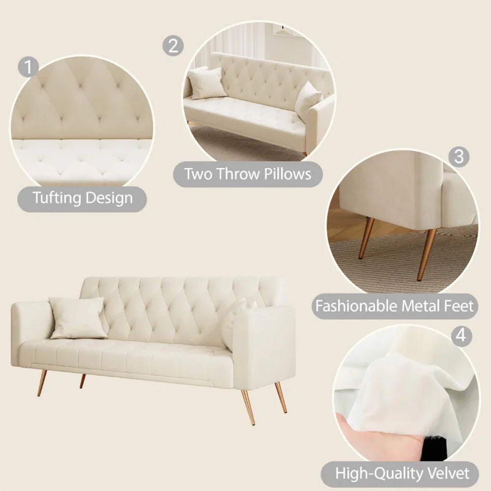 Velvet Convertible Futon Sofa Bed 71" 3-Seater Tufted Sleeper Couch with Gold Metal Legs 3 Position Adjustable Backrest Folding Reclining Sofa with 2 Throw Pillows for Living Room Apartment Small Spaces