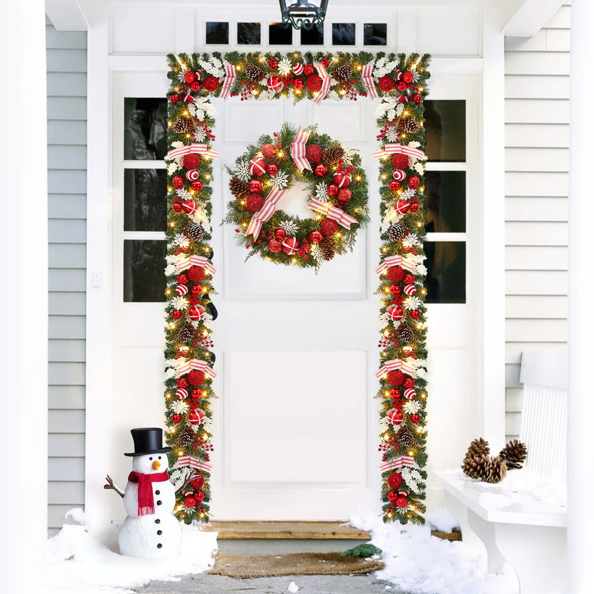 6ft Pre-Lit Christmas Garland with LED Lights, Pine Cones, Berries & Ribbons – Battery Powered Artificial Holiday Decor for Door, Mantle, Stairs – Red and White