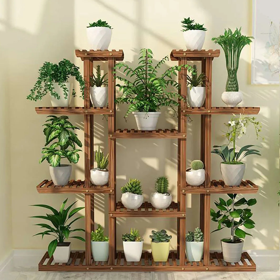 11 Tier Wood Plant Stand Carbonized High Widen Pot Display Shelf Holder Flower Shop Office Garden Indoor Outdoor Decor