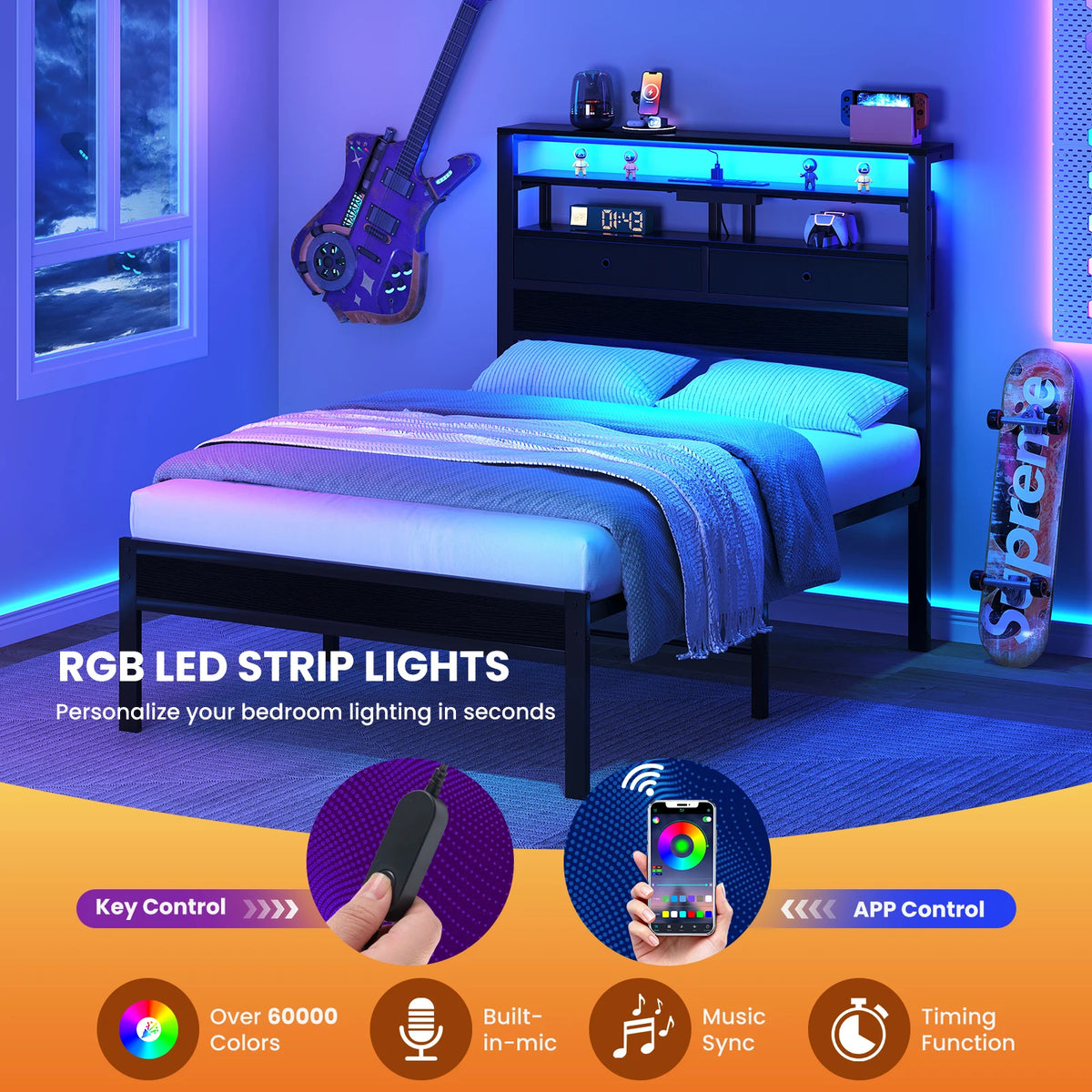 Basic Bed Frame Metal Platform with Storage LED Charging Station Headboard Sturdy Steel Slat Support All Size Bedroom Bed For Home
