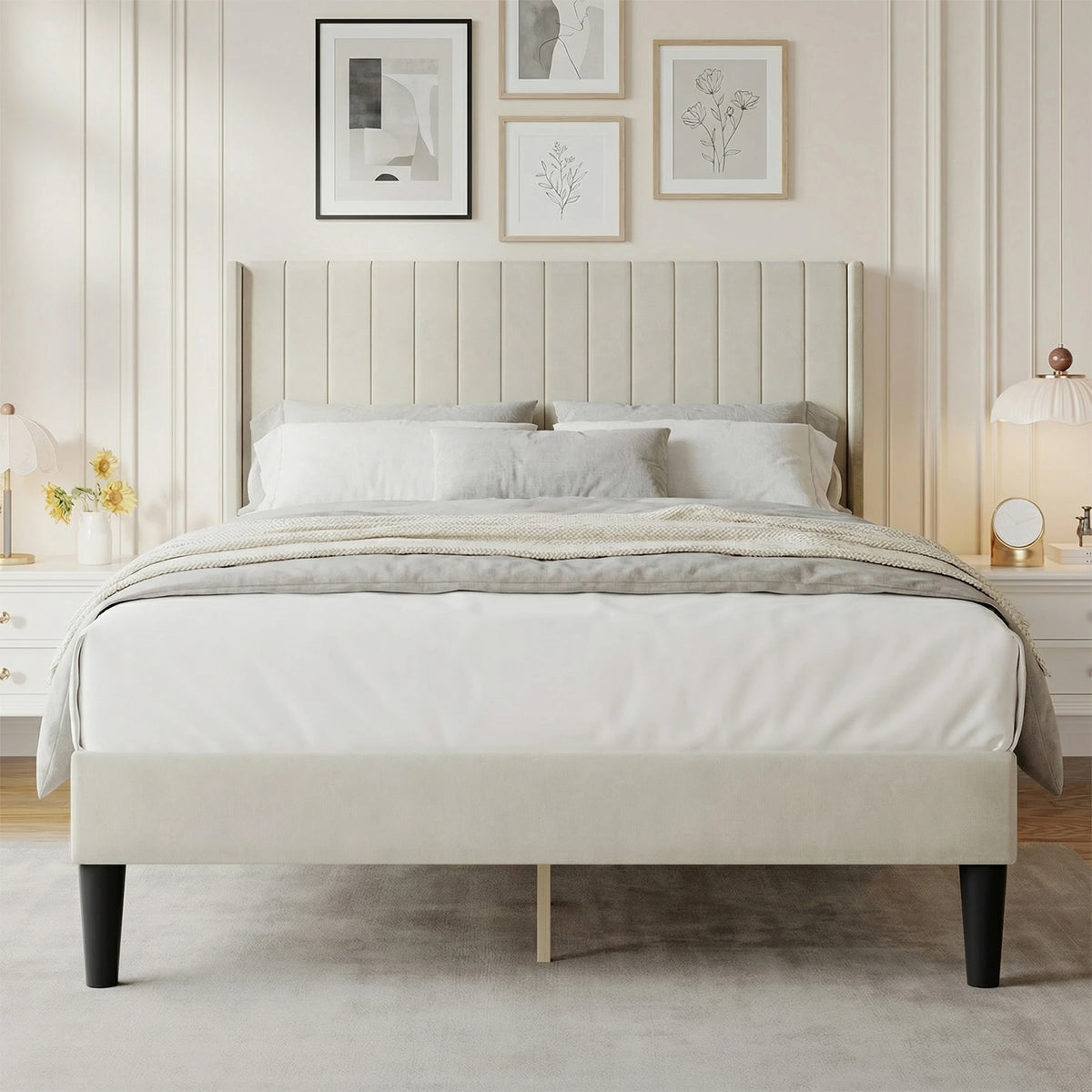 Wooden Bed Frame with PU Leather Wingback Headboard No Box Spring Needed with Sturdy Wooden Slats Support Upholstered Mattress Foundation For Home Bedroom